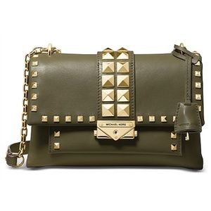 NWT Michael Kors Cece Studded Leather Chain Shoulder Bag Olive-Gold Orgi Pkg